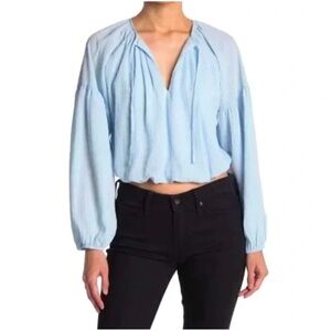 New Wayf Nordstrom Pastel Blue Crepe Blouson Sleeve Bubble Hem Cropped Blouse M